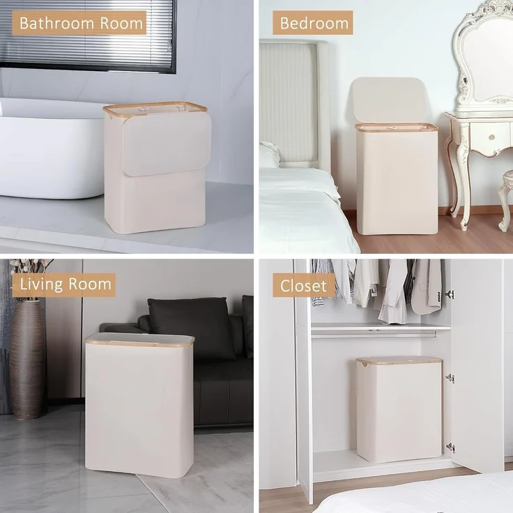 Wäschekorb 150L XL 2 Fächer Bambusgriff Deckel Beige Laundry Baskets – Bild 7