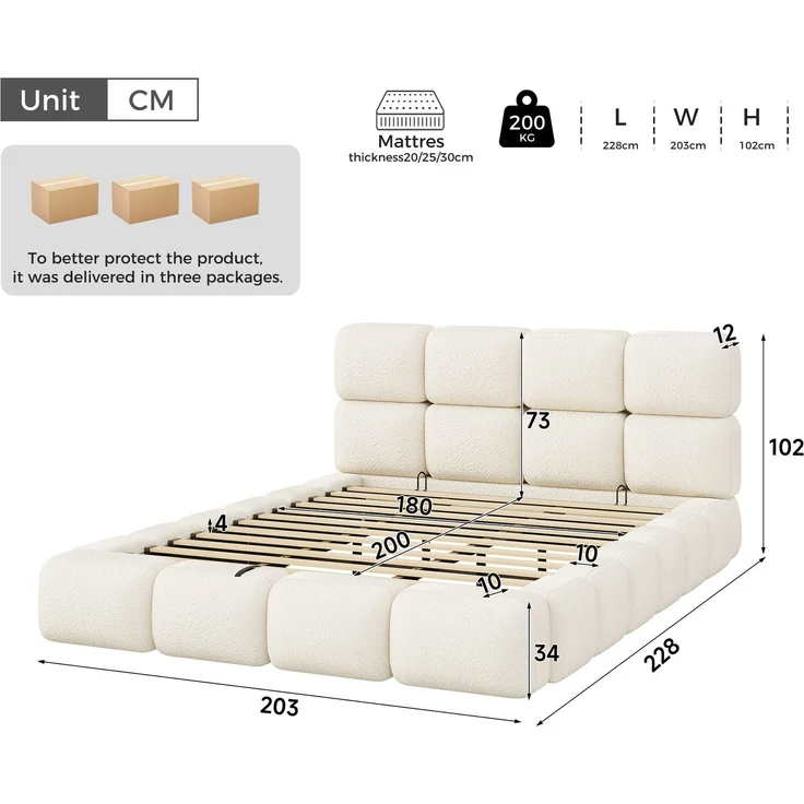 Gepolstertes Doppelbett, 180 x 200 cm, hydraulisch verstellbar, wolkenförmiges Bett, Stauraumbett, Bubble-Design, mit Lattenrost, Kopfteil und großem Stauraum, gepolstertes Kopfteil, weißer Schlingenveloursstoff. – Bild 4