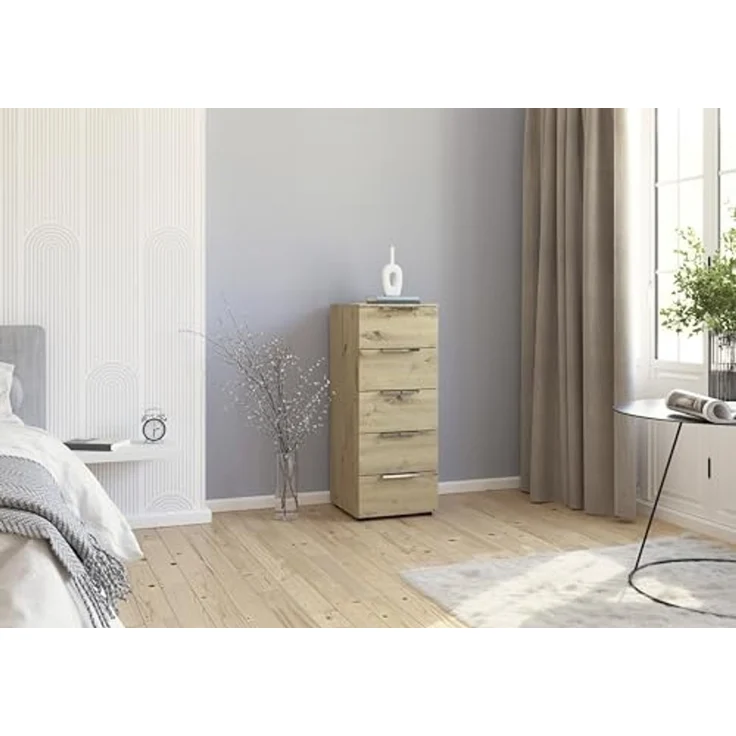 Rauch Möbel Flipp, schmale Hochkommode mit viel Stauraum für Flur, Wohnzimmer, Schlafzimmer, Eiche Artisan, 5 Schubkästen, Griffe chrom, 40 x 100 x 42 cm – Bild 2