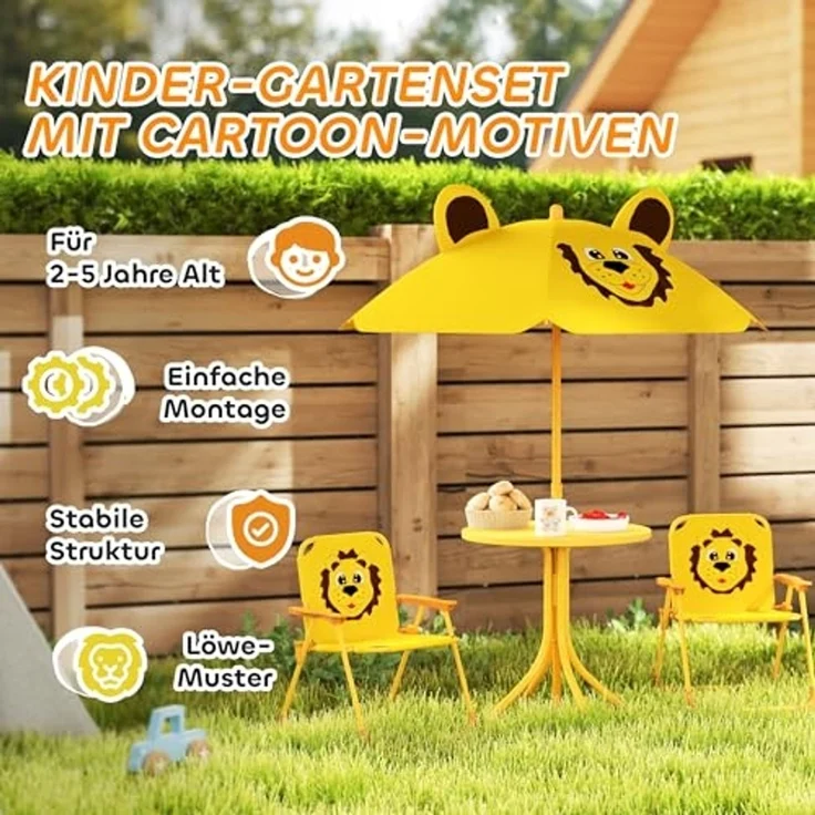 AIYAPLAY Garten-Kindersitzgruppe Kindersitzgarnitur mit höhenverstellbarem Sonnenschirm, (Gartentisch, 2 Klappstühle, 4-tlg, Löwen-Design für 2-5 Jahre Kinder), Gelb – Bild 6