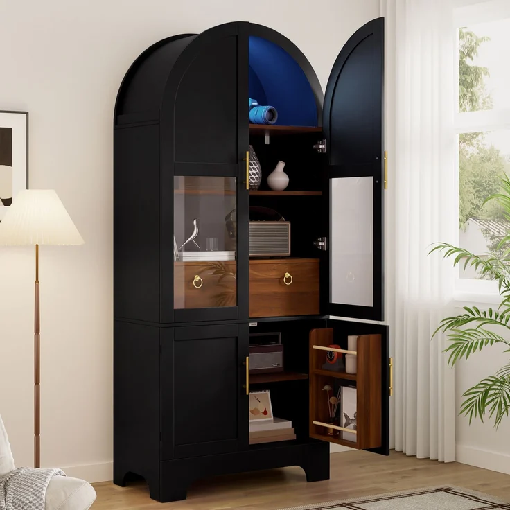 Vitrine 76 x 40 x 180 cm aus MDF und Spanplatte, schwarz, mit Bogenfront und LED-Beleuchtung – Bild 3