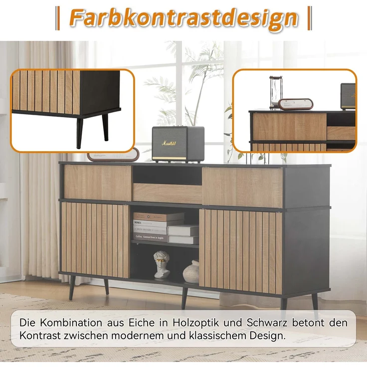 Schrank Eiche Natur und Schwarz, Sideboard mit Schiebetüren,verstellbare Regale,Sicherheits-Kippsicherung – Bild 6