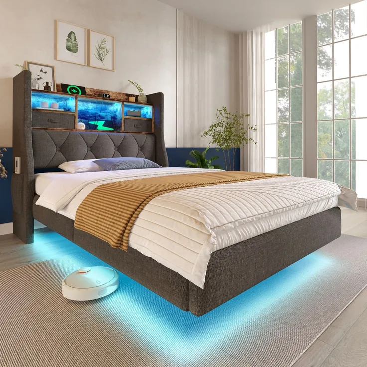 Polsterbett 90x200 cm Schwebebett mit LED-Beleuchtung, Kopfteil und Ladestation(1 Type-C, 3 USB-Anschlüsse), Modern Einzelbett mit Stauraum-Kopfteil und lattenrost, Leinen, Grau(Ohne Matratze)