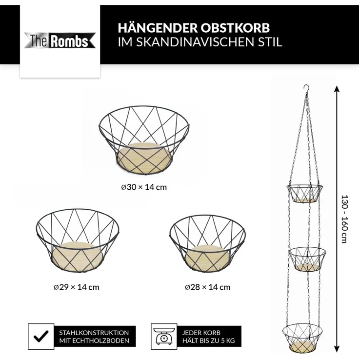 Obstkorb hängend 3 Etagen mit Holzboden und Metallkette – Bild 2