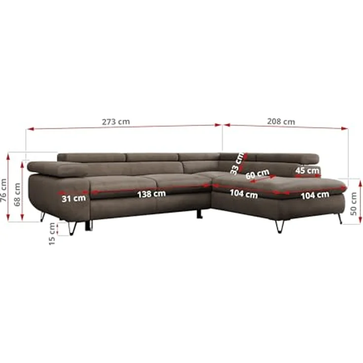 Mks Möbel 'Peter L-form' Ecksofa mit Bettfunktion, Bettkasten & einstellbaren Kopfstützen, Braun, Velours, rechts – Bild 4