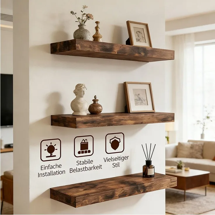 PFCTART Wandregal Wandregal 3er Set 40 cm Vintagebraun aus MDF & Stahl, Set 3-tlg, Schweberegal belastbar bis 10 kg – modern & platzsparend