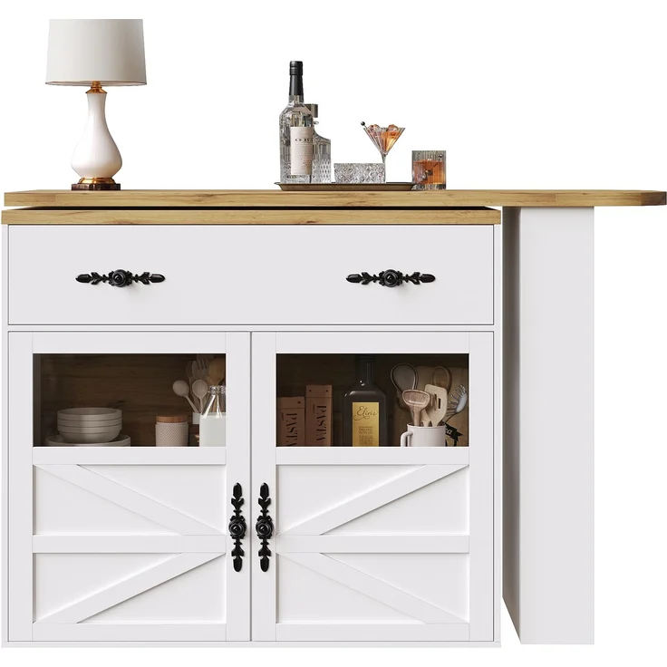 Ausziehbarer Bartisch mit Stauraum(138-204×39×104cm) , 360° drehbare Essbar,Moderner Beweglicher Bar Table,Hochtisch Kücheninsel Bistro Table, Sideboardschrank mit Regalen, weiß – Bild 8