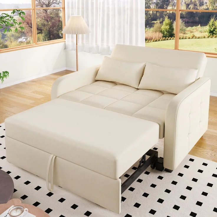 Klappsofa Schlafsofa ausziehbar Baumwoll-Leinen verstellbare Rückenlehne Gästebett Multifunktion Sofa-Bett,Beige