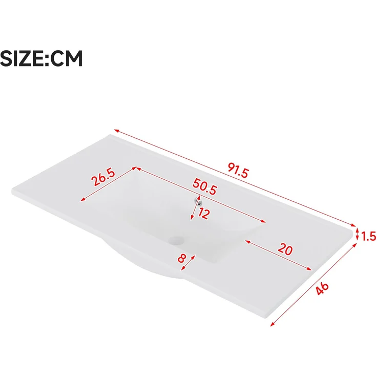 91.5×46.5×50.5cm wandhängender Waschtischunterschrank,hochwertig lackiert,LED-Radarsensorleuchte, Ablagefach an der Tür, zwei Schubladen mit geräuschlosen Auszugsschienen,Keramikwaschbecken,weiß – Bild 6