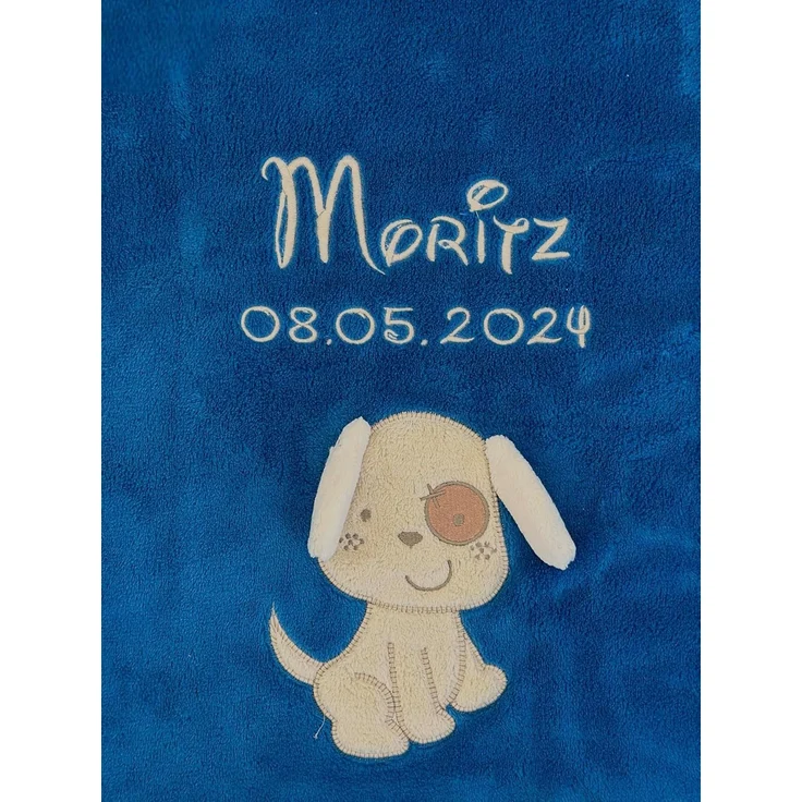 KIDDI-MEDIA Babydecke mit Name und Geburtsdatum Bestickt/kuschelig weich / 1A Qualität (Brillantblau - Hund)