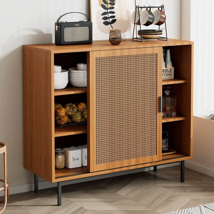 Sideboard mit Rattan-Schiebetüren, Landhausstil walnuss, 100x37x90 cm – Bild 4