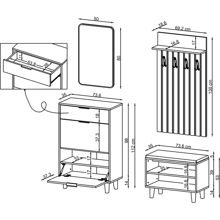 Roomart NORD Garderobenset 4-teilig – Schuhschrank, Sitzbank, Garderobenpaneel 130 cm & Spiegel – Flurgarderobe – H 112 x B 73.6 x T 35 cm (Schuhschrank) • Weiß – Bild 7