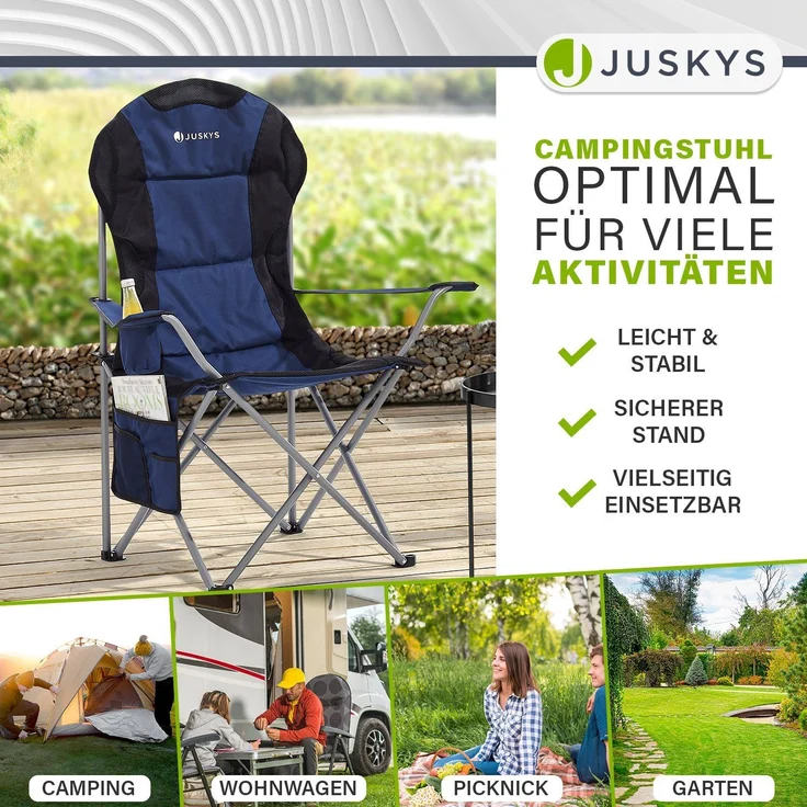 Juskys Campingstuhl Lido mit Getränkehalter & Tasche - Camping Klappstuhl gepolstert - Faltstuhl Angelstuhl Strandstuhl Chair - Stuhl Blau – Bild 2
