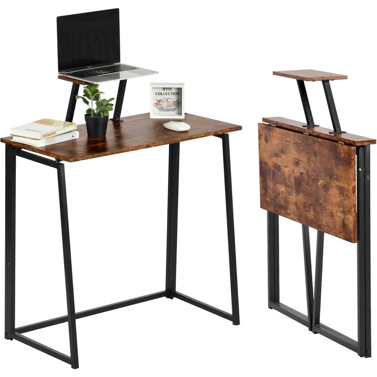 FurnitureR Klappbarer Schreibtisch mit Monitorständer, platzsparender Computertisch aus Holz und Metall im Industrial Design, zusammenklappbarer Arbeitstisch für Home Office, 80×40×75 cm,Vintage Braun – Bild 6