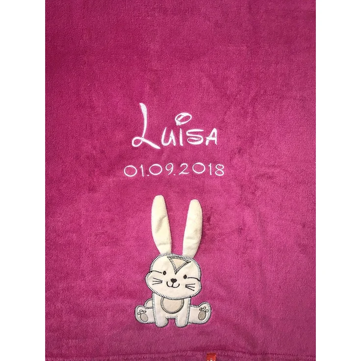 KIDDI-MEDIA Babydecke mit Name und Geburtsdatum Bestickt/kuschelig weich / 1A Qualität (Pink - Hase)