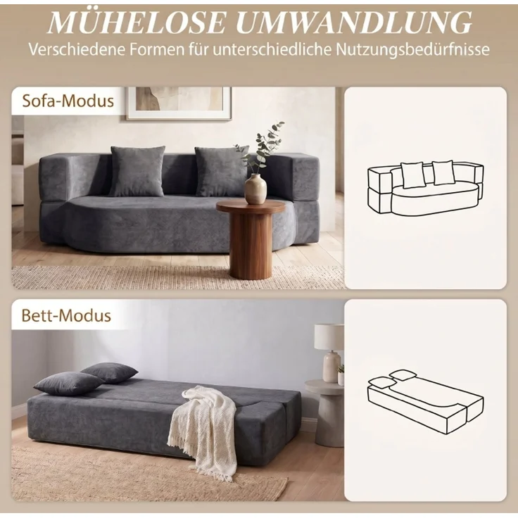 Wohnora-Schlafsofa, Bodensofa ohne Gestell mit dickem, hochdichtem Schaumstoff, breitem und tiefem Sitz, dunkelgrau,H 60cm x T 190cm x B 80cm,Dunkelgrau – Bild 2