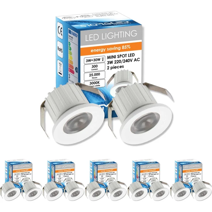 Sigmaled lighting, Mini-LED-Einbaustrahler 3W, dimmbar, Warmweiß 3000K, 300 Lumen, Runde Einbauspot, 220/240V AC, 10er-Pack (5 Box mit 2 Stuck)