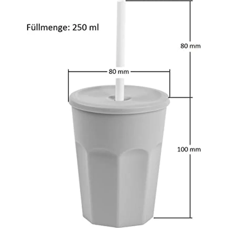 Engelland Becher Wiederverwendbare Plastikbecher mit Deckel und Strohhalm, 0,25 Liter, 10-tlg, Kunststoff, BPA-frei, spülmaschinengeeignet, lebensmittelecht, Temperaturbeständig – Bild 4