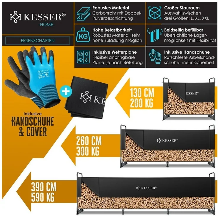 KESSER® Kaminholzregal Metall Brennholzregal außen Stahlrahmen + Abdeckung & Handschuhe Kaminholzunterstand 200kg Wasserdichter Holzlager Holzstapelhilfe für Garten Terrasse Schwarz, 130 x 36 x 117cm – Bild 2