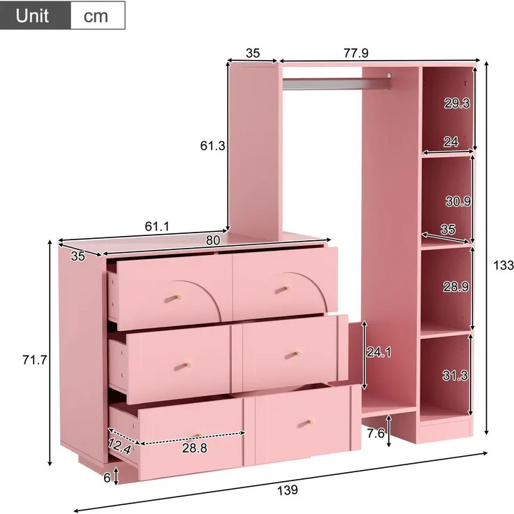 Wohnora-Moderner Mehrzweck-Kleiderschrank, offene Garderobe mit Kleiderstange, 6 Schubladen und Seitenregalen, Schlafzimmer-Aufbewahrungsschrank, Rosa, 139 × 35 × 133 cm,H 133cm x T 139cm x B 35cm
