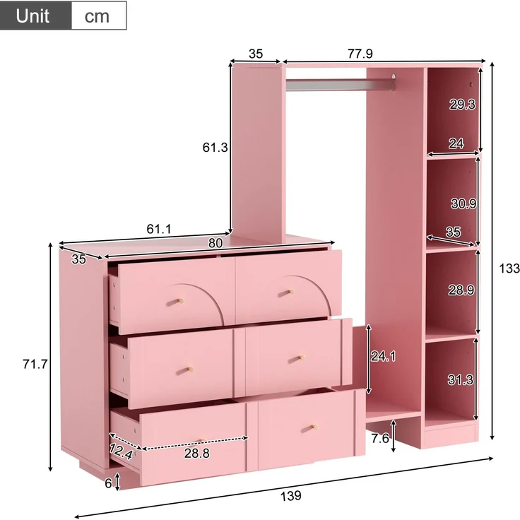 Wohnora-Moderner Mehrzweck-Kleiderschrank, offene Garderobe mit Kleiderstange, 6 Schubladen und Seitenregalen, Schlafzimmer-Aufbewahrungsschrank, Rosa, 139 × 35 × 133 cm,H 133cm x T 139cm x B 35cm – Bild 1
