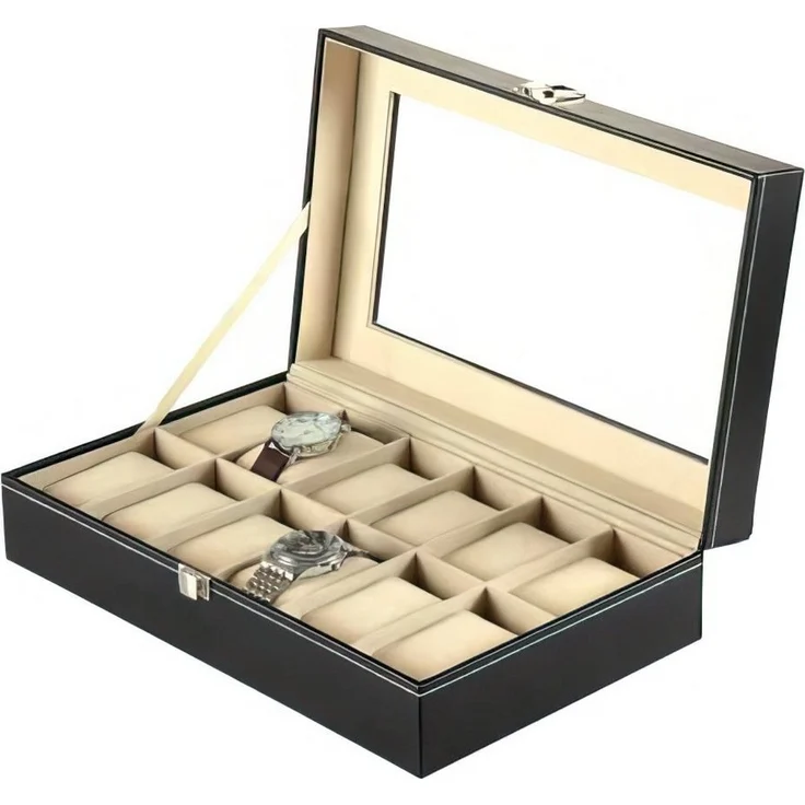 Sinoba Uhrenbox Uhrenkoffer Uhrenbox für Uhrensammlung in Leder-Optik Echtglas-Fenster – Bild 1