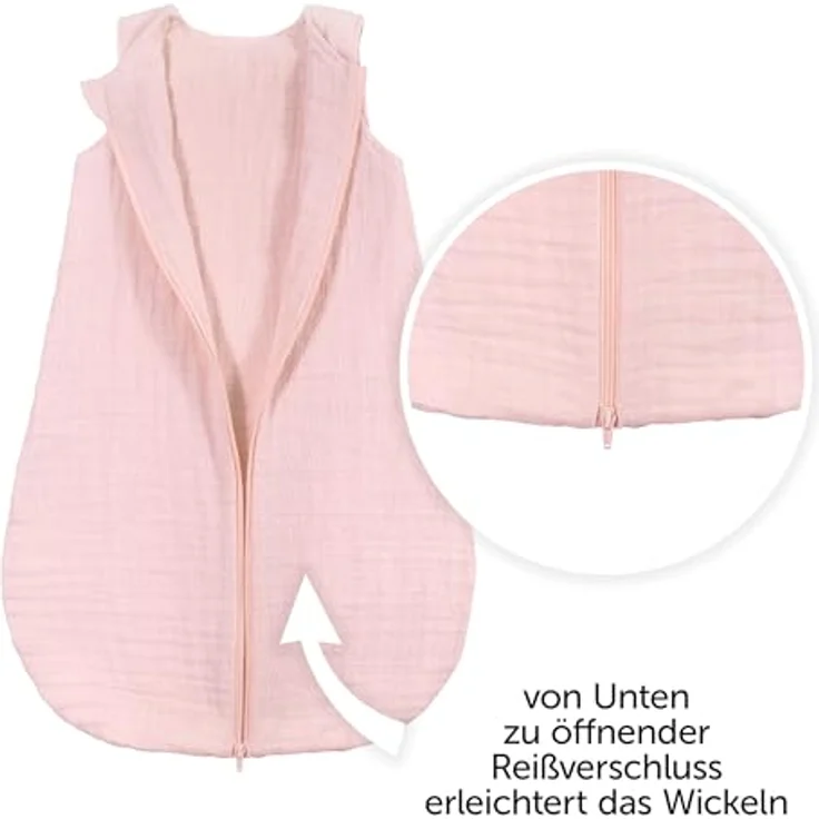 Makian Musselin-Schlafsack, leichter Sommerschlafsack aus 100% Baumwolle, TOG 1.0, Puder, Gr. 90 cm – Bild 4