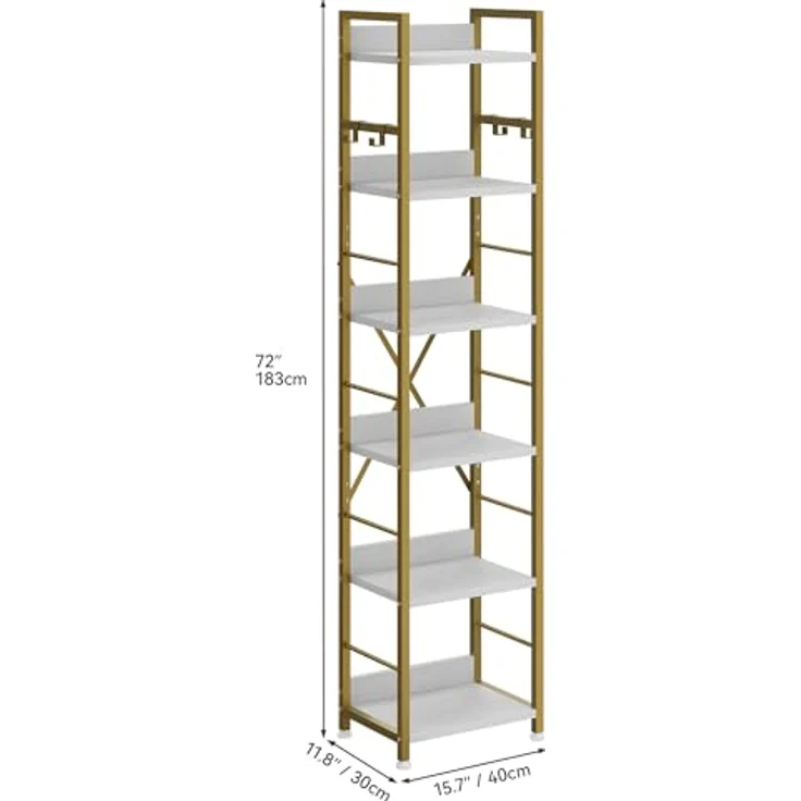 YITAHOME Bücherregal mit 6 Ebenen, Industrielles Standregal, Metallrahmen und Holzregale, Hohes Lagerregal mit 4 Haken, Präsentationsorganizer, für Wohnzimmer, Heimbüro, Gold Regal – Bild 6