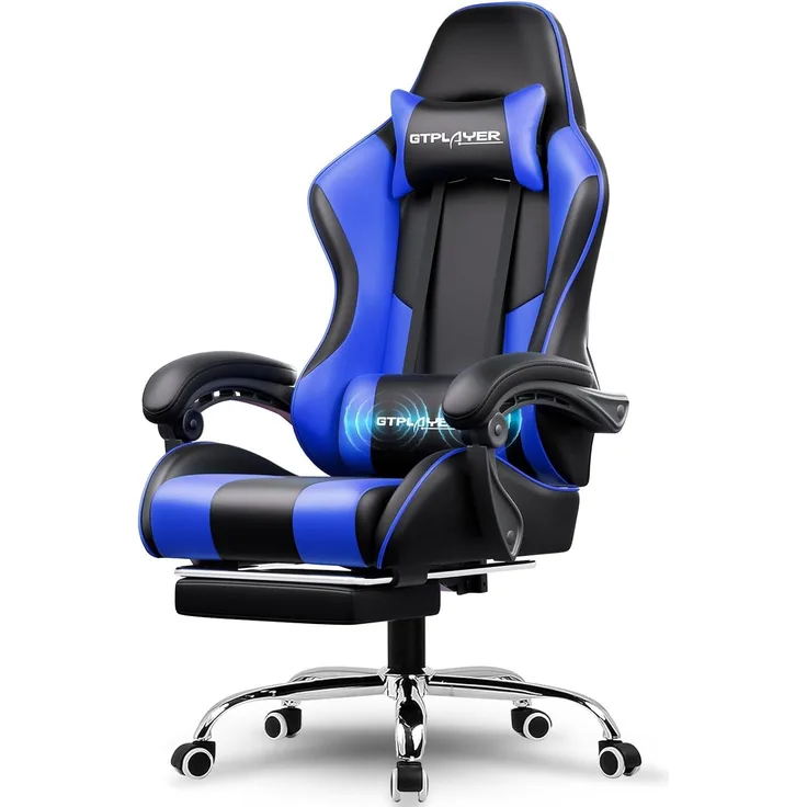 GTPLAYER Gaming Stuhl mit Lautsprecher Bürostuhl Schreibtischstuhl Musik Audio Gamer Stuhl Drehstuhl Ergonomisches Design PC Stuhl Multi-Funktion E-Sports Chefsessel schwarz-blau