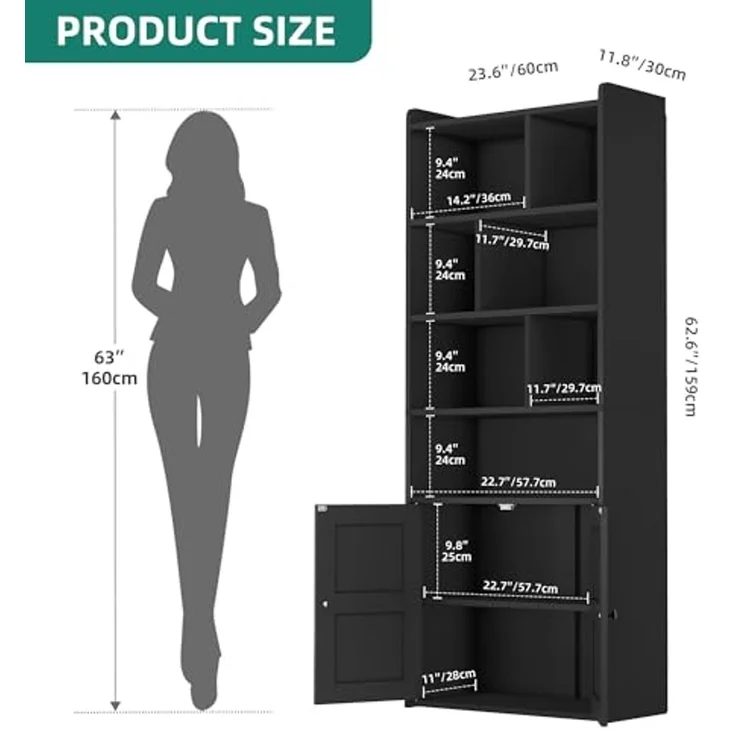 YITAHOME 4-stöckiges Bücherregal mit Türen und Schrank, freistehendes Bücherregal mit offenen Fächern für Zuhause, Büro, Wohnzimmer und Schlafzimmer, Schwarz, 60 x 30 x 159 cm – Bild 2