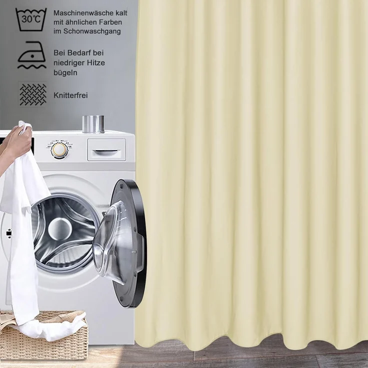 Duschvorhang Beige 180x200 cm Textil Polyester Wasserdicht Waschbar – Bild 6