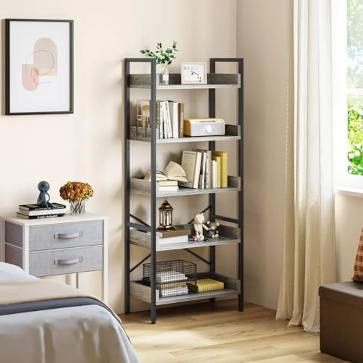 YITAHOME Bücherregal mit 5 Ebenen, bodenstehendes Bücherregal, Holzregal und stabile Stahlrahmenregale mit 4 Haken, industrielles Lagerregal für Wohnzimmer, Heimbüro, Graues Standregal – Bild 2