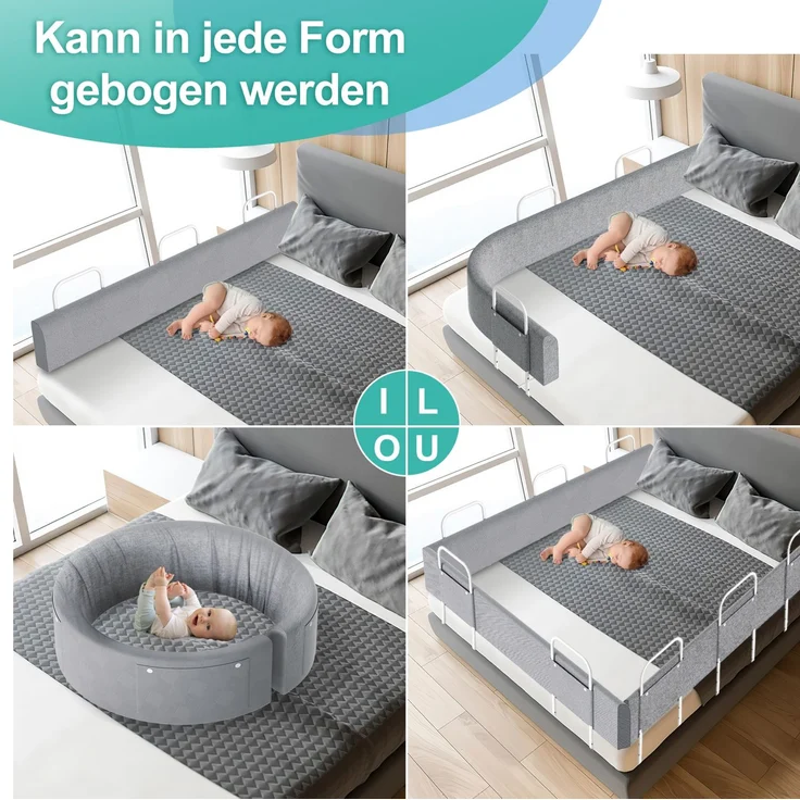 Eikuavons 1x Bettgitter 180cm Grau, höhenverstellbares Bettschutzgitter, Kinderbettgitter Babybettgitter Rausfallschutz für Familienbett & Kinderbett, Perlbaumwolle, Grau – Bild 5