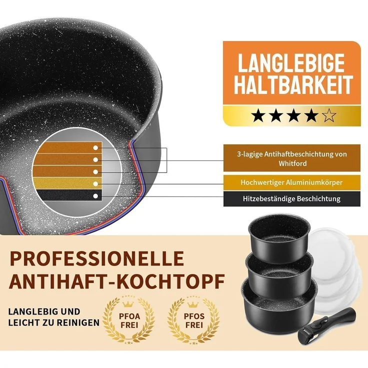 Kochtopf Set 7-tlg. 16+18+20cm abnehmbarer Griff Induktion Antihaft backofenfest – Bild 2