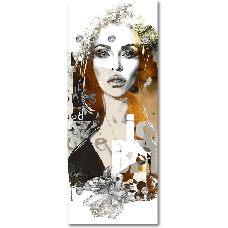 Queence Garderobe - "Muse" Druck auf hochwertigem Arcylglas inkl. Edelstahlhaken und Aufhängung, Format: 50x120cm