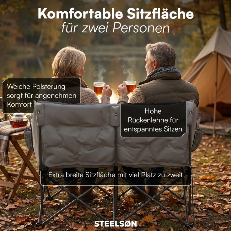 STEELSØN 'Hoggar' Campingbank für 2 Personen, grau, XXL Klappstuhl, bis 320 kg, gepolsterte Campingbank mit 2 Seitentaschen – Bild 3