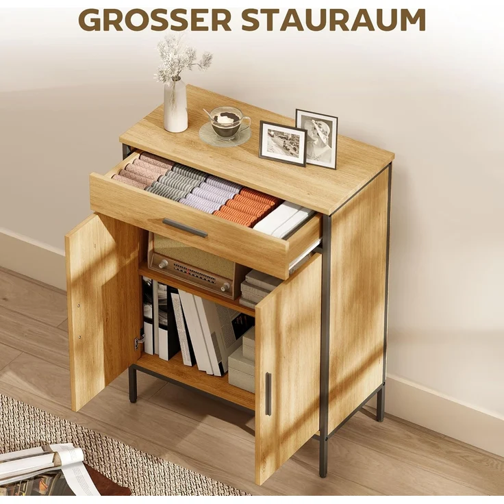 HOMCOM Badkommode zweistufige Regale, große Schublade (Badezimmer-Aufbewahrungsschrank, 1 St, Badezimmer-Unterschrank), Eiche – Bild 4