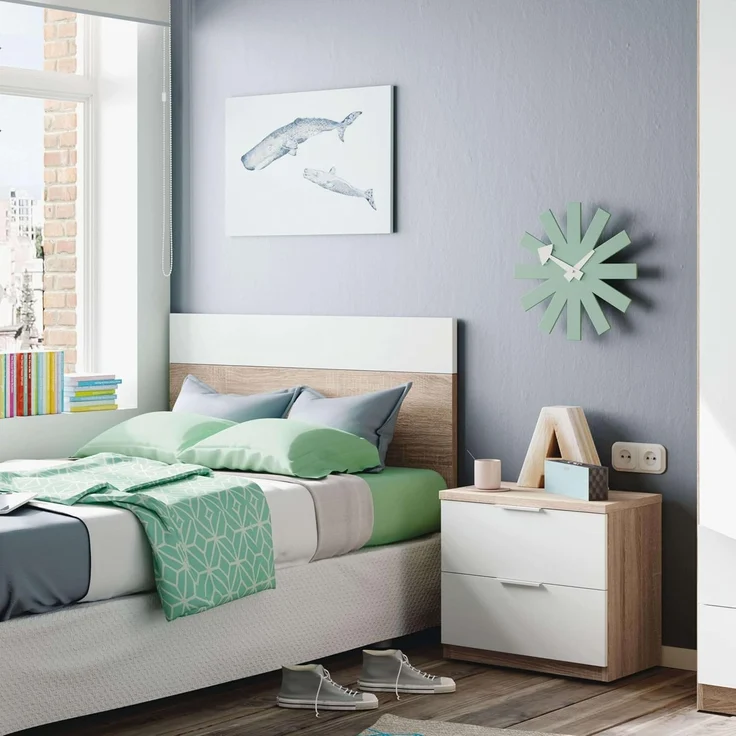 Habitdesign, modernes Kopfteil mit Nachttisch – Einzelmöbel-Set in Kanadischer Eiche & Artik weiß, viel Stauraum, Maße: 100 x 50 x 38 cm (B x H x T), Modell Luca – Bild 5