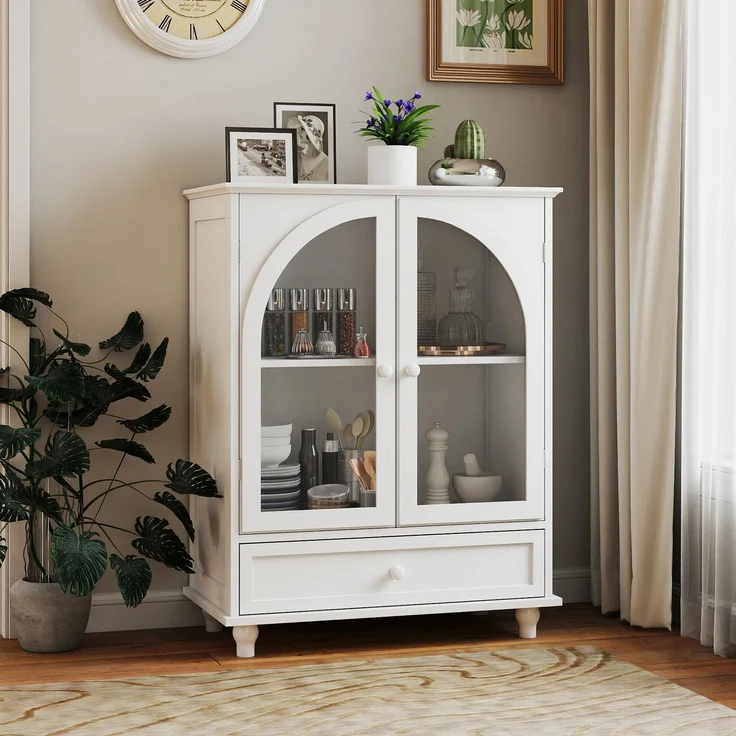 Sideboard B 38 x T 71 x H 93,5 cm aus MDF mit gewölbten Glastüren und Schublade – Bild 3