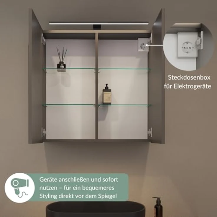 Planetmöbel ARIA Spiegelschrank Bad mit Beleuchtung 70 cm breit | Badschrank hängend mit Spiegel | Anthrazit, mit Leuchte und Steckdose, Spiegelschrank Gäste WC 70 x 70 x 16 cm – Bild 8