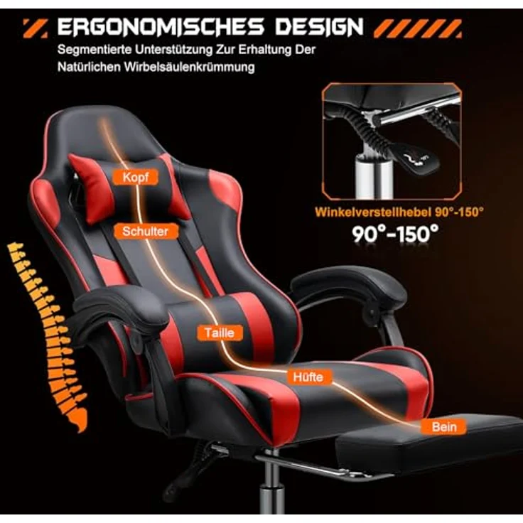 DUMOS Gaming Stuhl Ergonomischer Gaming Stuhl mit Fußstütze Atmungsaktiver PC Stuhl mit verstellbare Lendenkissen Kopfkissen und Armlehnen 150 kg Belastbarkeit Drehsessel – Bild 5