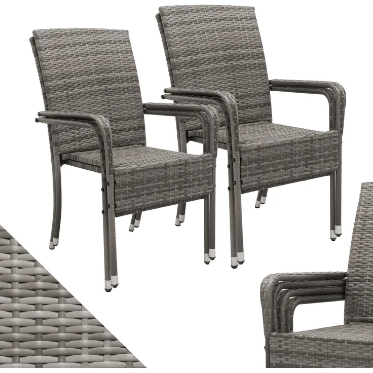 Juskys Polyrattan Gartenstühle Yoro 4er Set - mit Armlehnen & Rückenlehne - 4 Stühle stapelbar - Rattan Stuhl Garten - Stapelstuhl Grau-meliert
