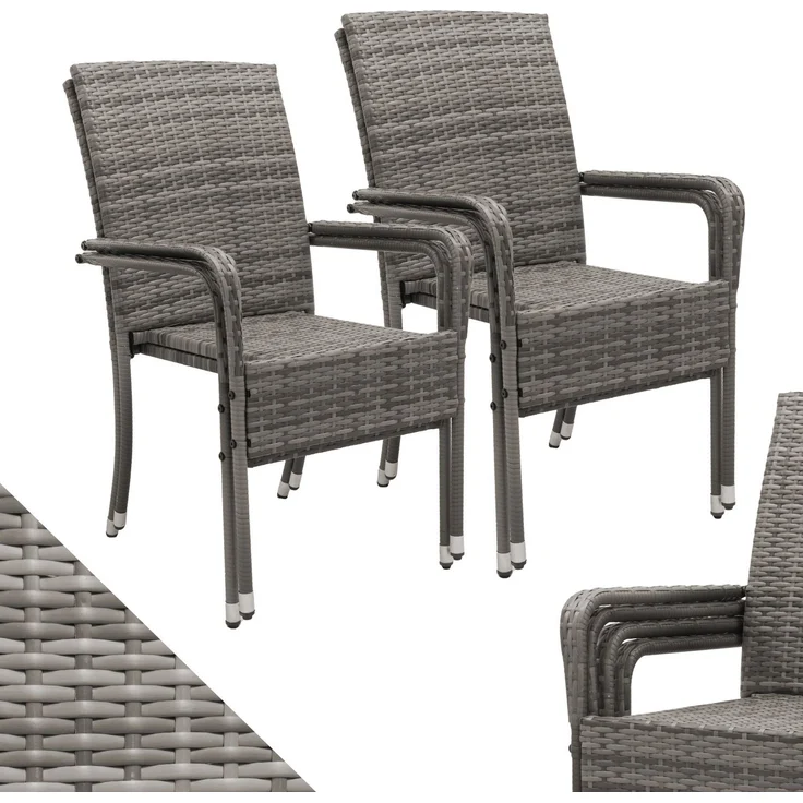 Juskys Polyrattan Gartenstühle Yoro 4er Set - mit Armlehnen & Rückenlehne - 4 Stühle stapelbar - Rattan Stuhl Garten - Stapelstuhl Grau-meliert – Bild 1