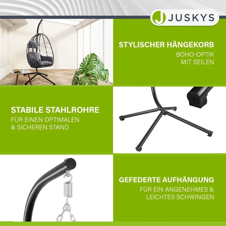 Juskys 'Aria' Hängesessel mit Kissen, höhenverstellbar & faltbar, Polyrattan dunkelgrau, bis 130 kg belastbar – Bild 5