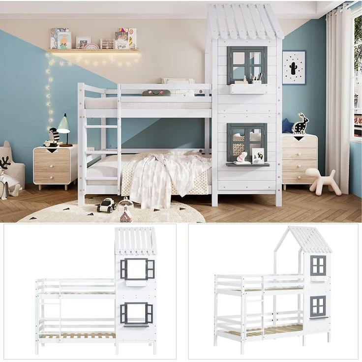 Merax Etagenbett mit Handlauf und Fenster, Hausbett, Kinderbett mit Fallschutz und Gitter, Rahmen aus Kiefer, weiß (90x200cm) – Bild 6