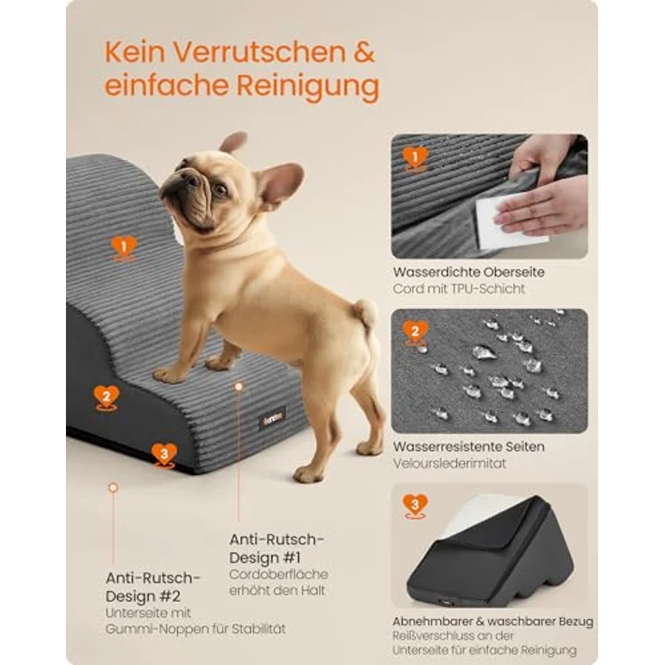 Feandrea Hundetreppe, 3 Stufen, Cord mit Querstreifen, Haustiertreppe, für Bett, Sofa, wasserdicht, rutschfest, geringe Neigung, Abnehmbarer waschbarer Bezug, Griff, schiefergrau PPS003GN01 – Bild 6
