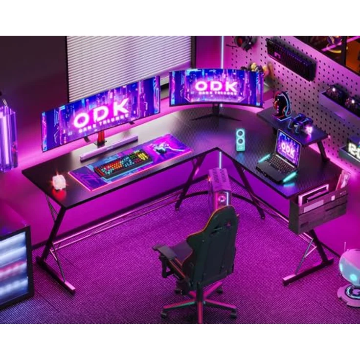 ODK Gaming Tisch, Computertisch, Gaming Schreibtisch mit runder Ecke, Gaming-Tisch mit Monitorablage (Kohlefaser Schwarz, 167x120 cm) – Bild 3