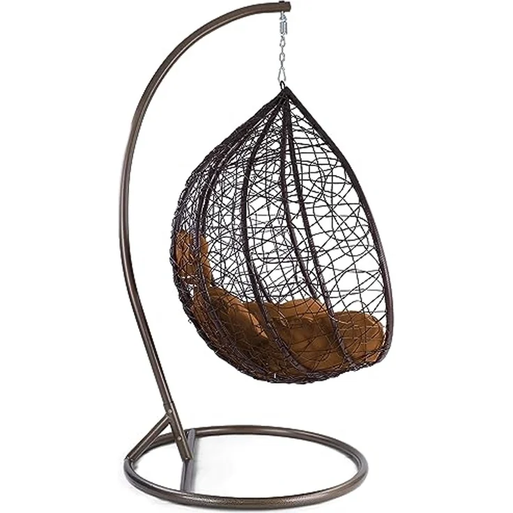 Luxus Hängesessel Miami XXL Polyrattan Korb braun Gestell braun Kissen Hellbraun – Bild 2