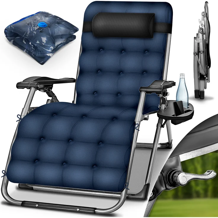 tillvex® Liegestuhl klappbar bis 200 kg, Navyblau | Wetterfeste Sonnenliege verstellbar mit dickem Polster, Nackenkissen, Getränkehalter & Auflage für Balkon, Garten & Terrasse