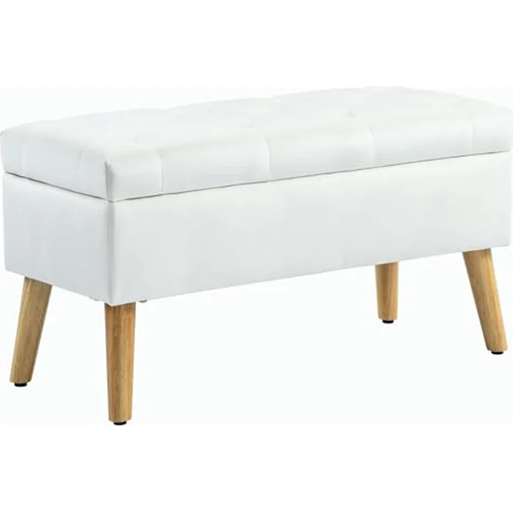 HOMCOM Sitzbank mit Stauraum, Deckel, Samtoptik (Truhenbank, 1-St, Polsterbank), für Flur Schlafzimmer Wohnzimmer, Gummiholz 102 x 35 x 43 cm Weiß – Bild 2